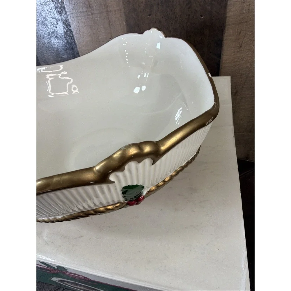 VTG 1989 Fitz Floyd Old Tyme Holiday Ceramic Bowl Ribbed Red‎ Gold Flawed w/ Box
